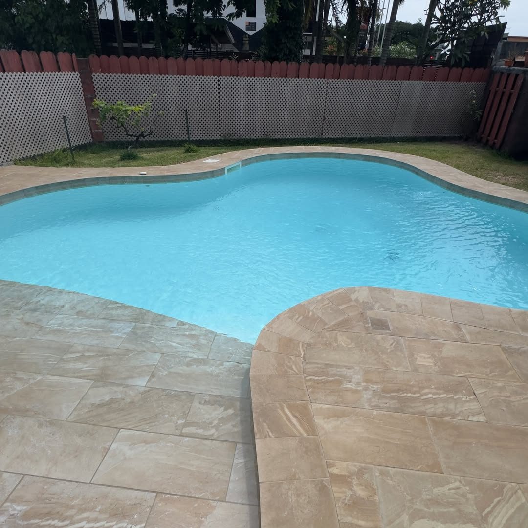 Piscine de forme libre remise en eau, margelles beige